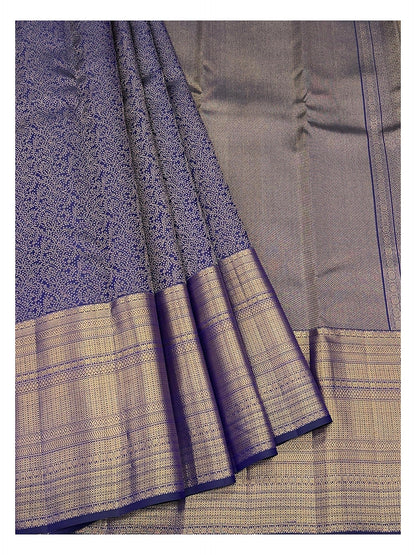 Handwoven Kanchipuram Silk Saree - Royal Blue with Gold Floral Vine Weave and Broad Zari Pallu