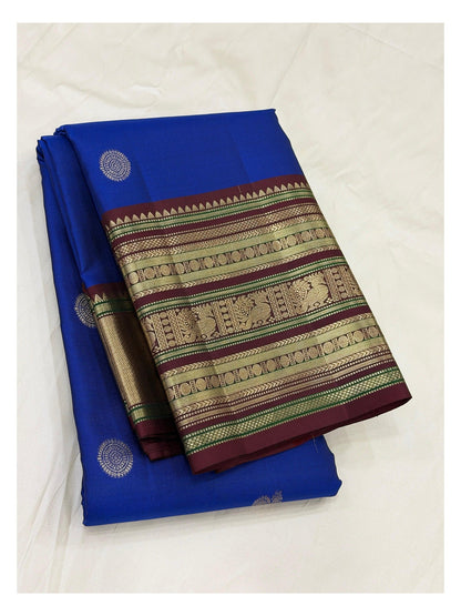 Handwoven Kanchipuram Silk Saree - Royal Blue with Gold-Toned Maroon Border front view