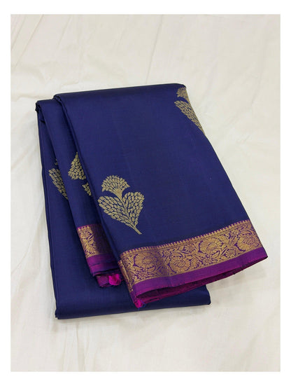 Handwoven Kanchipuram Silk Saree - Royal Blue with Magenta Pallu and Gold Border front view