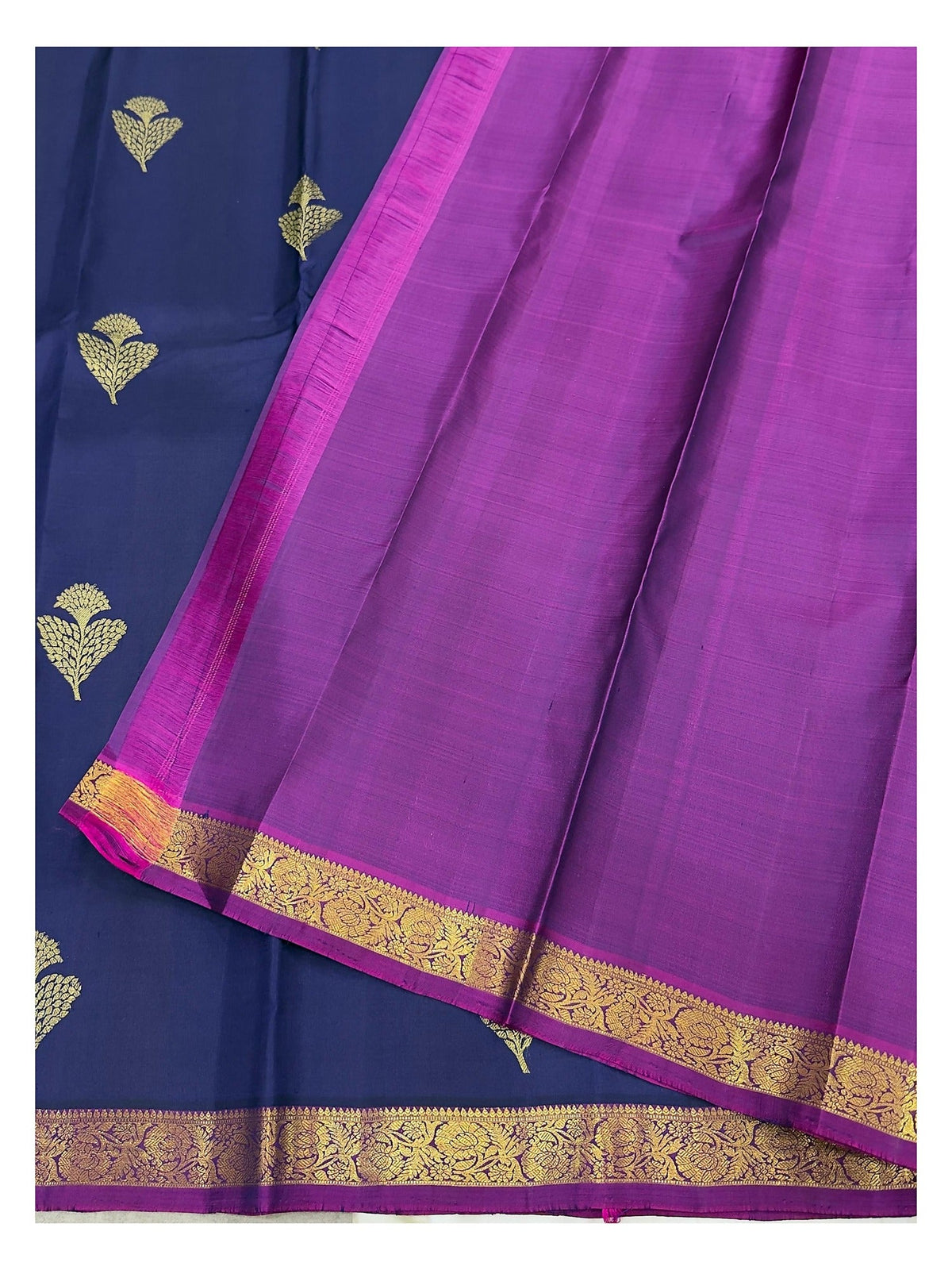 Handwoven Kanchipuram Silk Saree - Royal Blue with Magenta Pallu and Gold Border