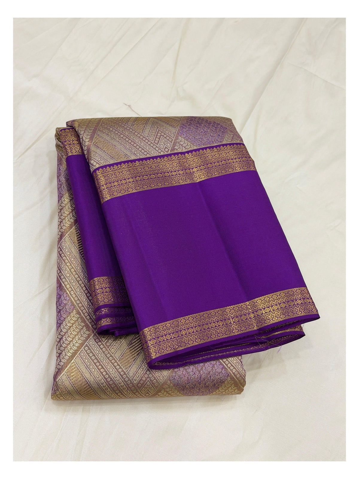 Handwoven Kanchipuram Silk Saree - Royal Purple with Gold Zari Pallu front view