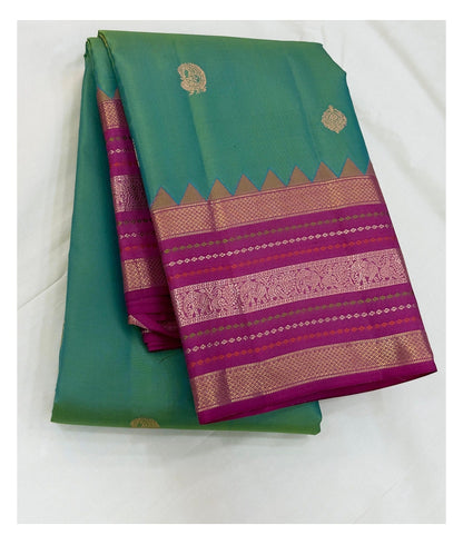 Handwoven Kanchipuram Silk Saree - Sea Green with Magenta Zari Border front view