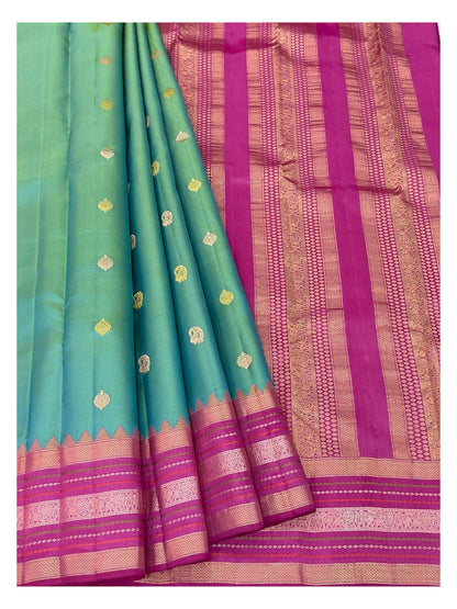Handwoven Kanchipuram Silk Saree - Sea Green with Magenta Zari Border