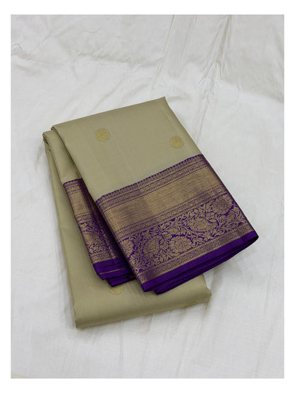 Handwoven Kanchipuram Silk Saree - Soft Gold with Royal Purple Zari Border front view