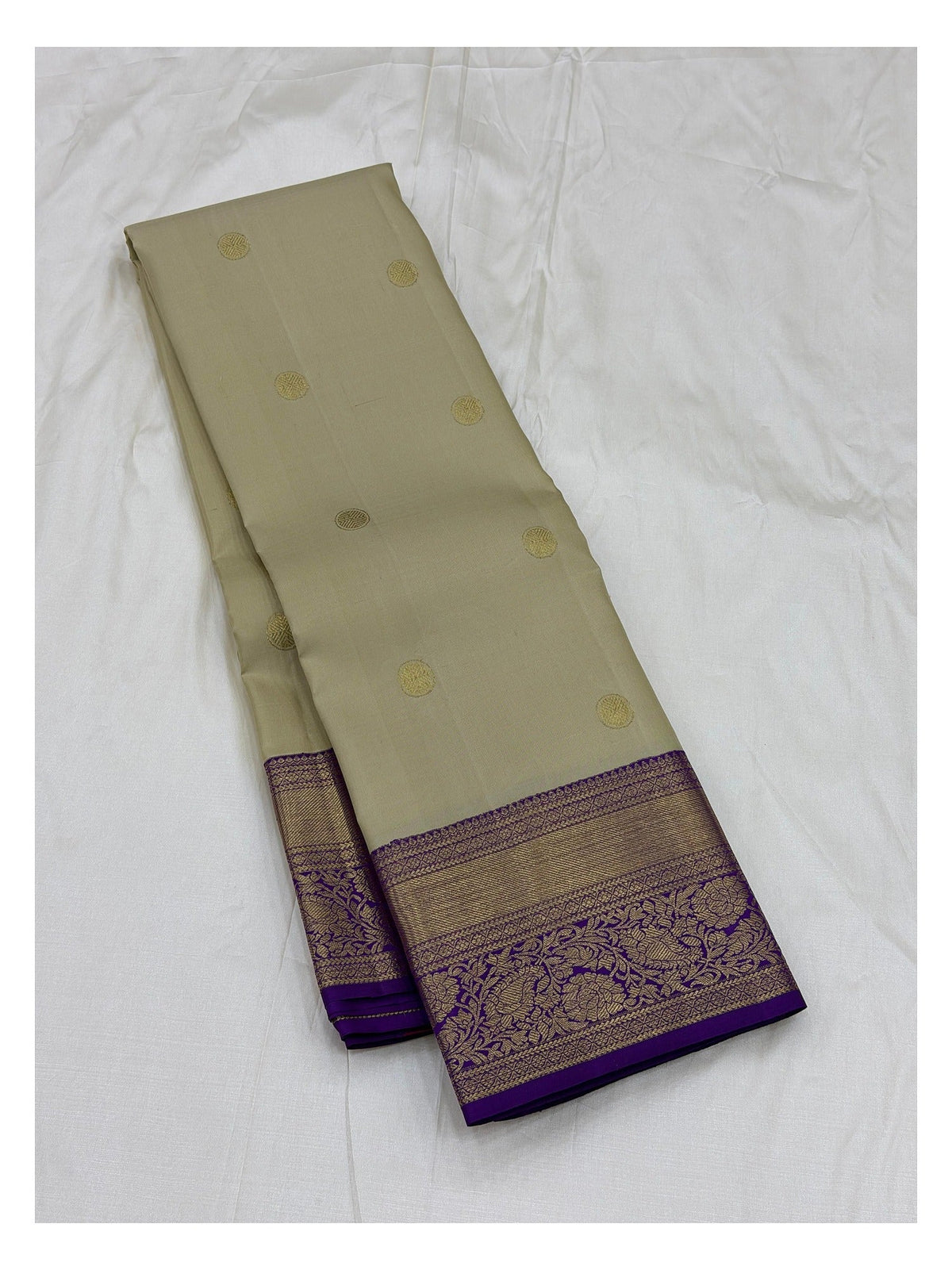 Handwoven Kanchipuram Silk Saree - Soft Gold with Royal Purple Zari Border