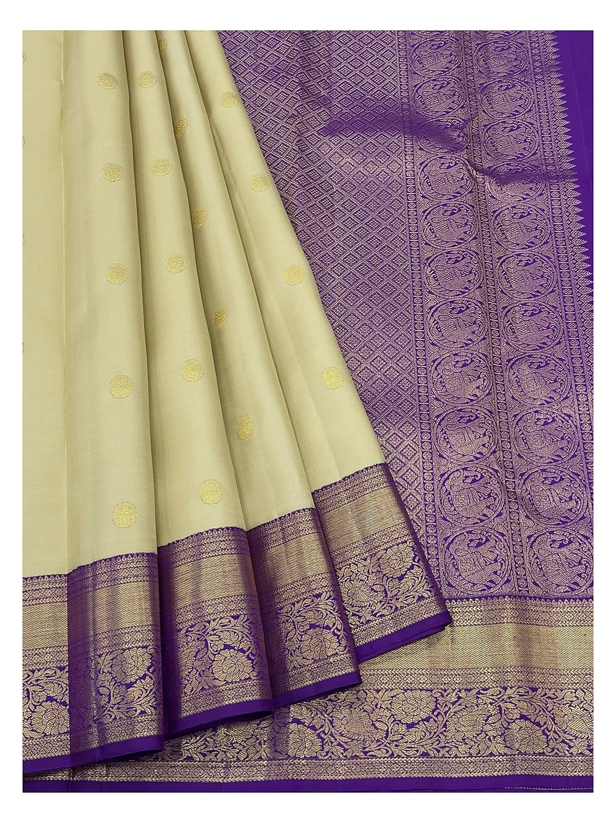 Handwoven Kanchipuram Silk Saree - Soft Gold with Royal Purple Zari Border