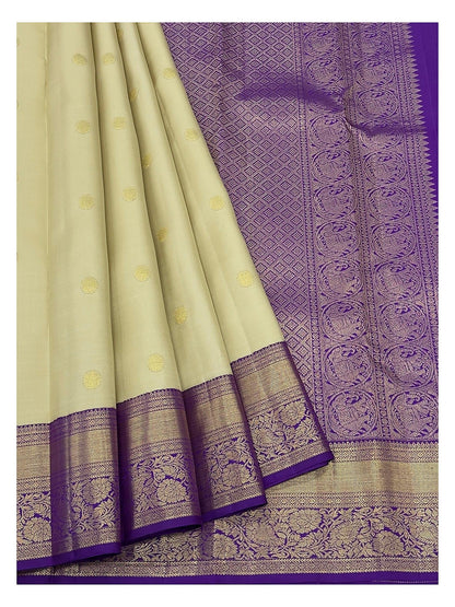Handwoven Kanchipuram Silk Saree - Soft Gold with Royal Purple Zari Border