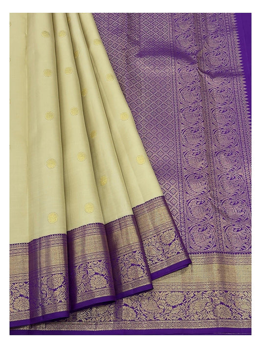 Handwoven Kanchipuram Silk Saree - Soft Gold with Royal Purple Zari Border