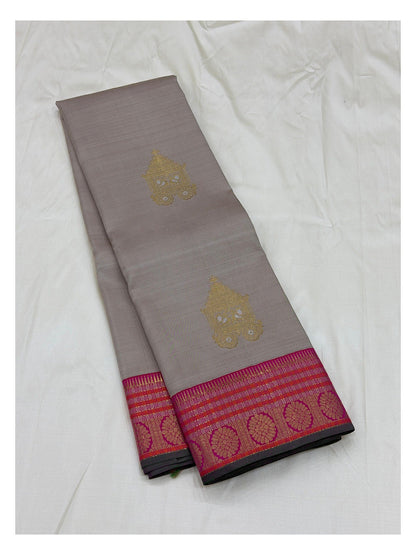 Handwoven Kanchipuram Silk Saree - Stone Grey with Rani Pink Pure Zari Border and Pallu