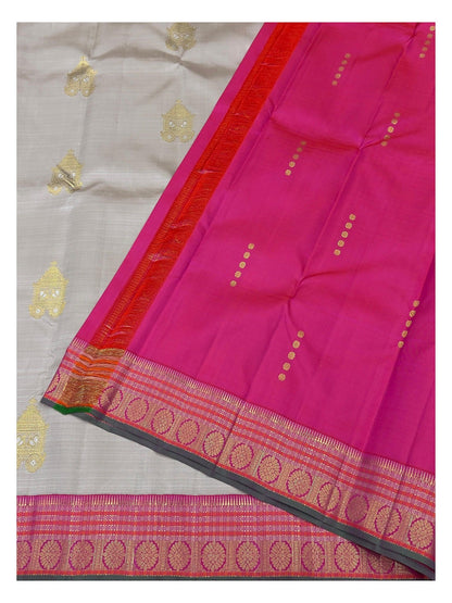 Handwoven Kanchipuram Silk Saree - Stone Grey with Rani Pink Pure Zari Border and Pallu