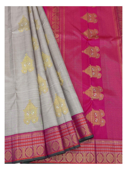 Handwoven Kanchipuram Silk Saree - Stone Grey with Rani Pink Pure Zari Border and Pallu