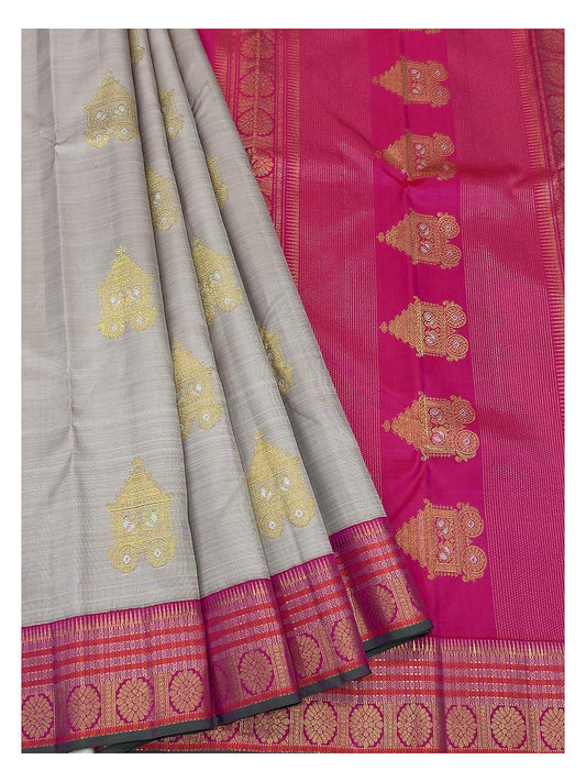 Handwoven Kanchipuram Silk Saree - Stone Grey with Rani Pink Pure Zari Border and Pallu