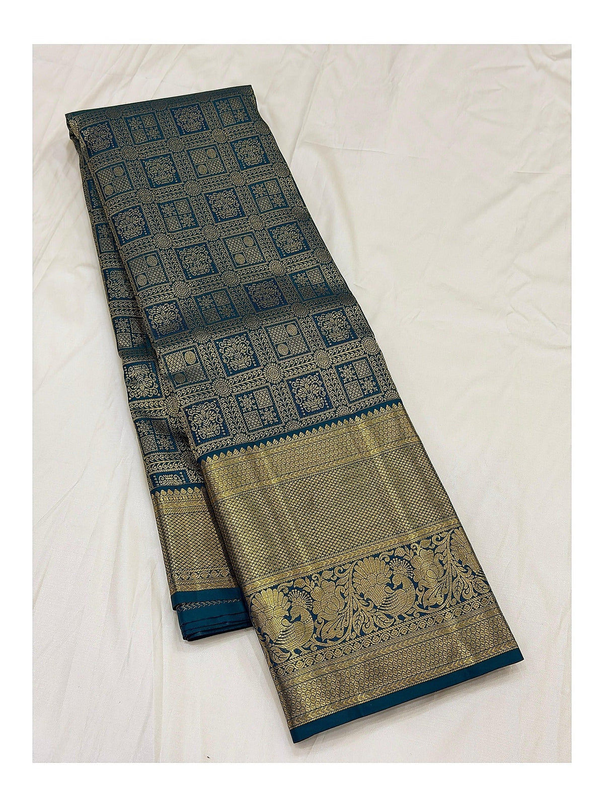 Handwoven Kanchipuram Silk Saree - Teal Blue with Gold-Toned Peacock Border
