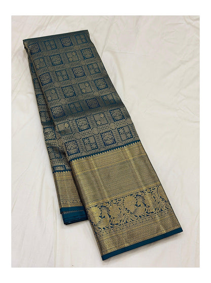 Handwoven Kanchipuram Silk Saree - Teal Blue with Gold-Toned Peacock Border