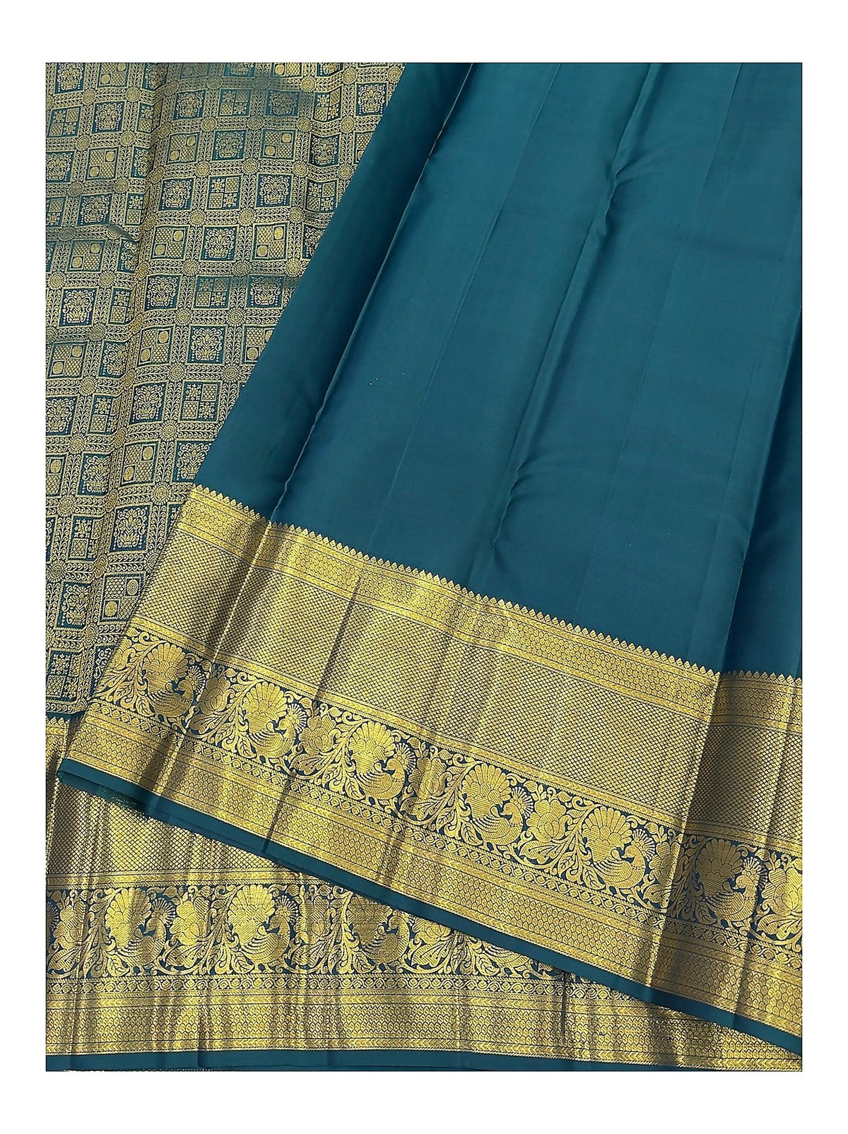 Handwoven Kanchipuram Silk Saree - Teal Blue with Gold-Toned Peacock Border