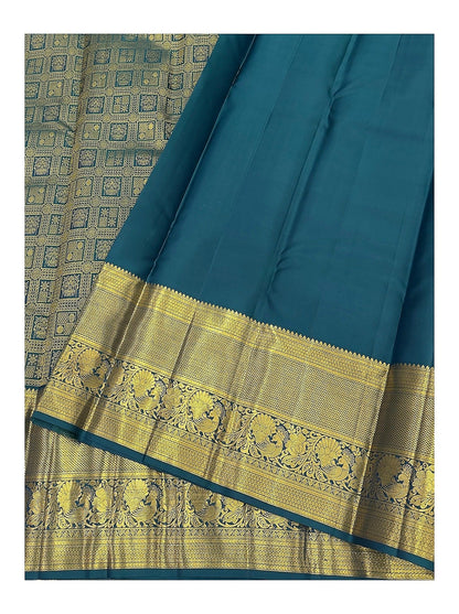 Handwoven Kanchipuram Silk Saree - Teal Blue with Gold-Toned Peacock Border