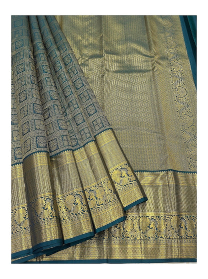 Handwoven Kanchipuram Silk Saree - Teal Blue with Gold-Toned Peacock Border