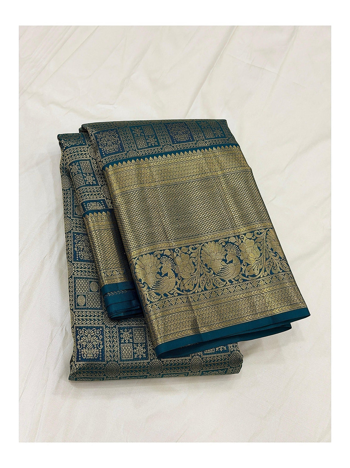 Handwoven Kanchipuram Silk Saree - Teal Blue with Gold-Toned Peacock Border front view