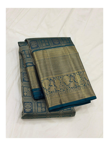 Handwoven Kanchipuram Silk Saree - Teal Blue with Gold-Toned Peacock Border front view