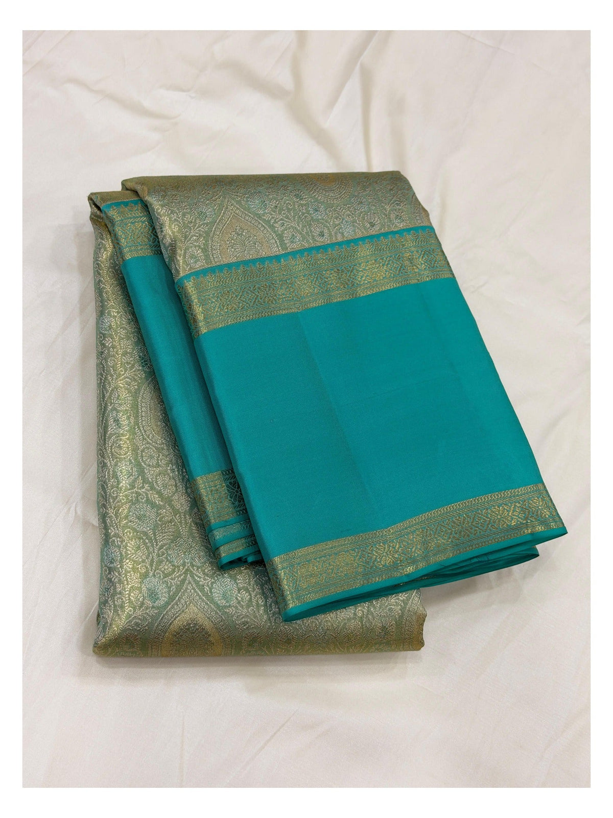 Handwoven Kanchipuram Silk Saree - Teal Blue with Gold-Toned Woven Body front view