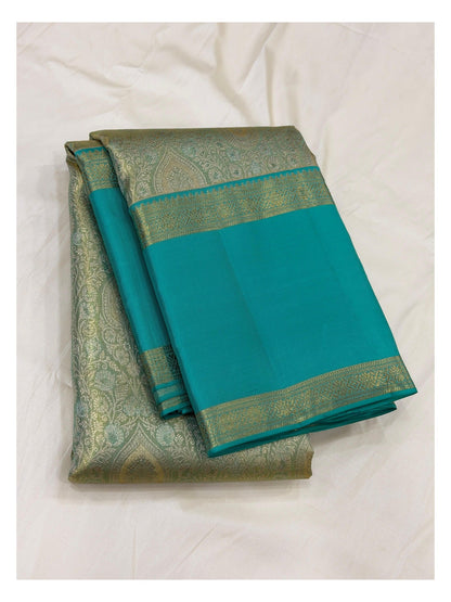 Handwoven Kanchipuram Silk Saree - Teal Blue with Gold-Toned Woven Body front view
