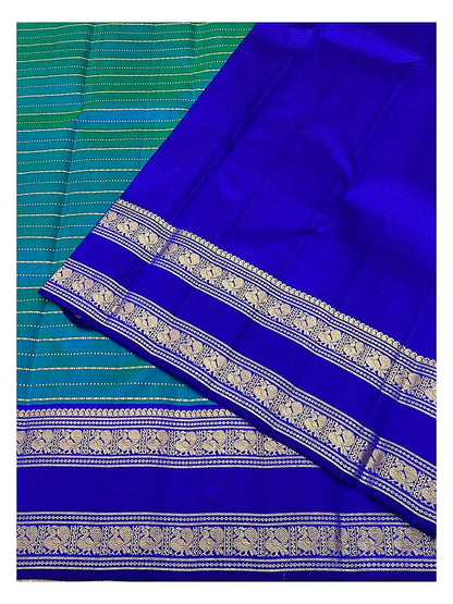Handwoven Kanchipuram Silk Saree - Teal Green & Royal Blue With Zari Elephant Border
