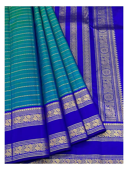 Handwoven Kanchipuram Silk Saree - Teal Green & Royal Blue With Zari Elephant Border