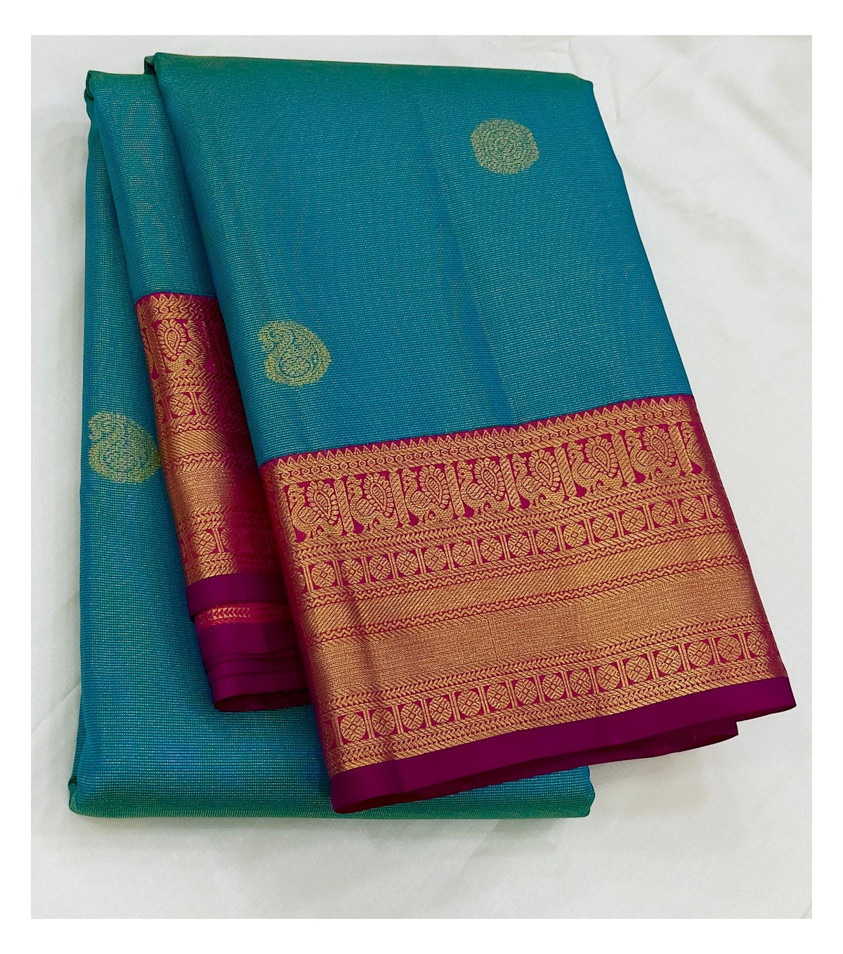 Handwoven Kanchipuram Silk Saree - Teal with Magenta and Gold Border front view
