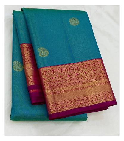 Handwoven Kanchipuram Silk Saree - Teal with Magenta and Gold Border front view