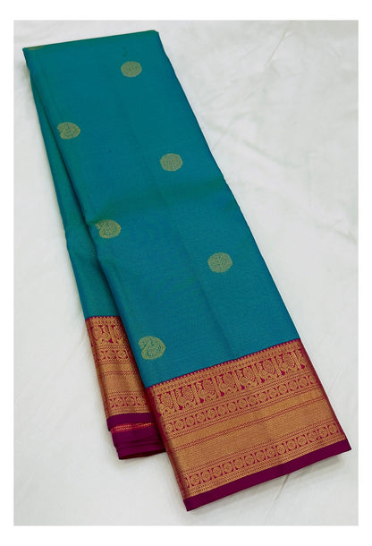 Handwoven Kanchipuram Silk Saree - Teal with Magenta and Gold Border