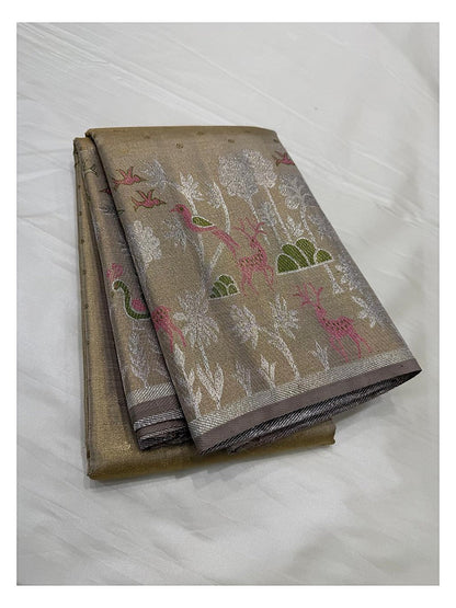 Handwoven Kanchipuram Silk Saree with Deer and Bird Motifs front view
