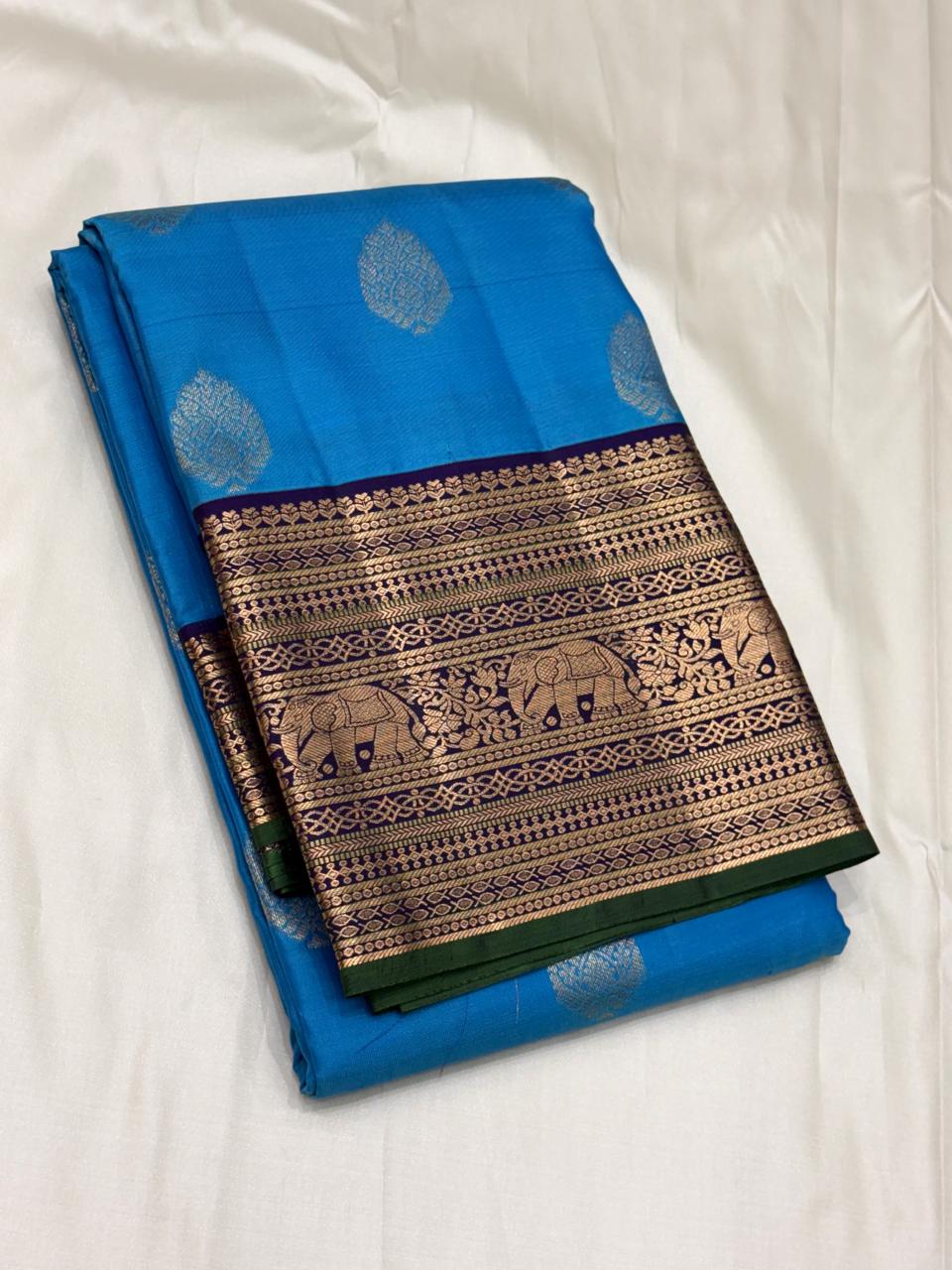Blue Kanchipuram Pure Silk Saree with Zari Butta & Elephant Border – Handwoven & Silk Mark Certified