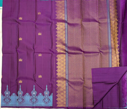 Purple Kanchipuram Pure Silk Saree with Aqua Zari Border & Gold Buttas – Handwoven & Silk Mark Certified