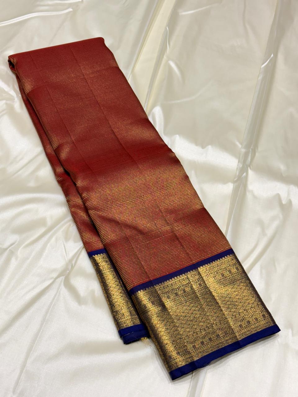 Traditional Kanchipuram silk saree with zari motifs and Silk Mark