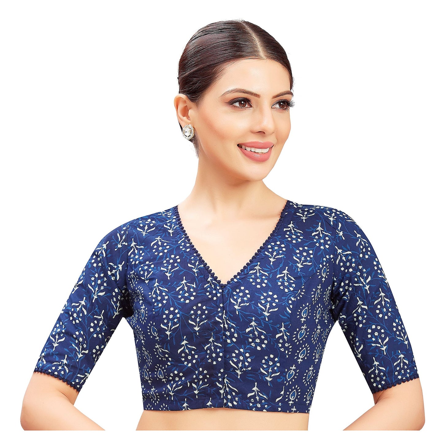 Indigo Blue Cotton Blouse - V Neck with Elbow Sleeves front view