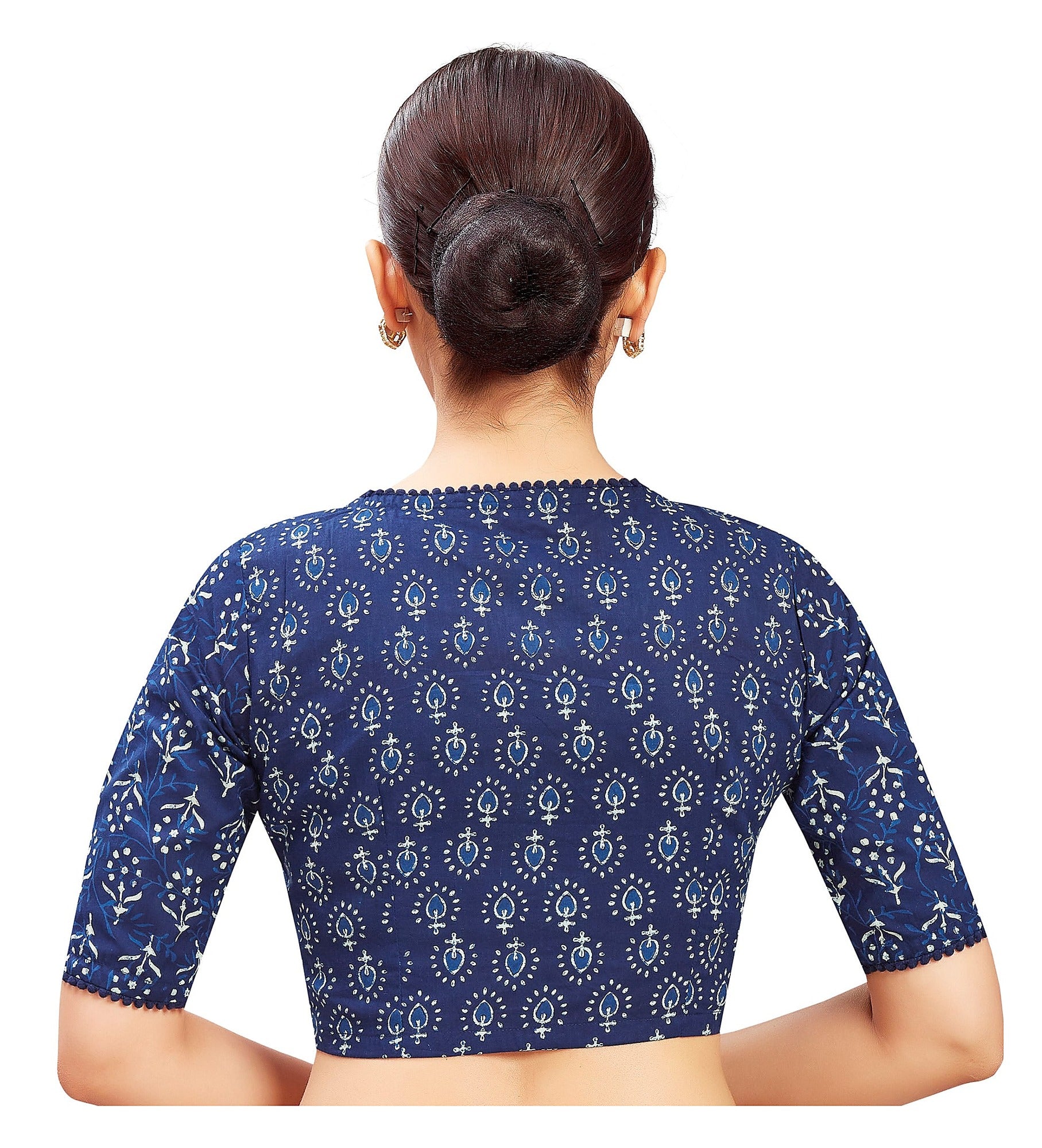Indigo Blue Cotton Blouse - V Neck with Elbow Sleeves
