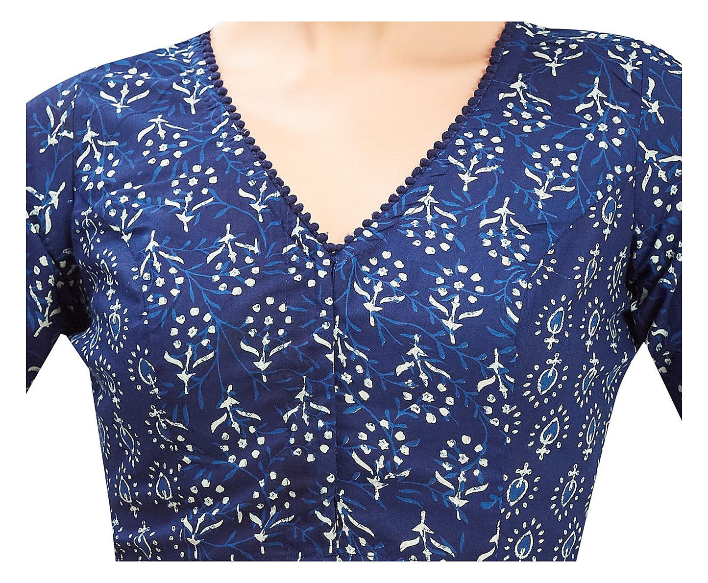 Indigo Blue Cotton Blouse - V Neck with Elbow Sleeves