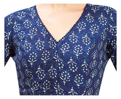 Indigo Blue Cotton Blouse - V Neck with Elbow Sleeves