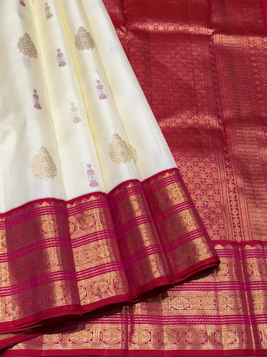 Ivory Kanchipuram Korvai silk saree with red pink zari border – full view