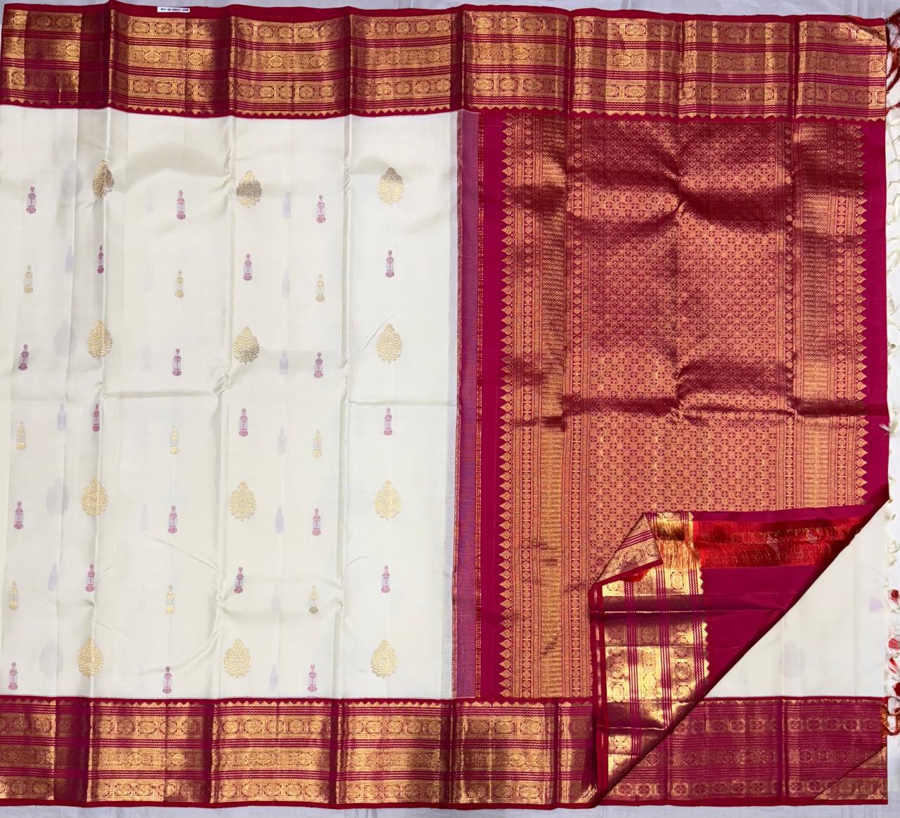 Ivory Kanchipuram Pure Silk Saree with Orange-Pink Zari Border – Bridal Classic