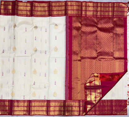 Ivory Kanchipuram Pure Silk Saree with Orange-Pink Zari Border – Bridal Classic