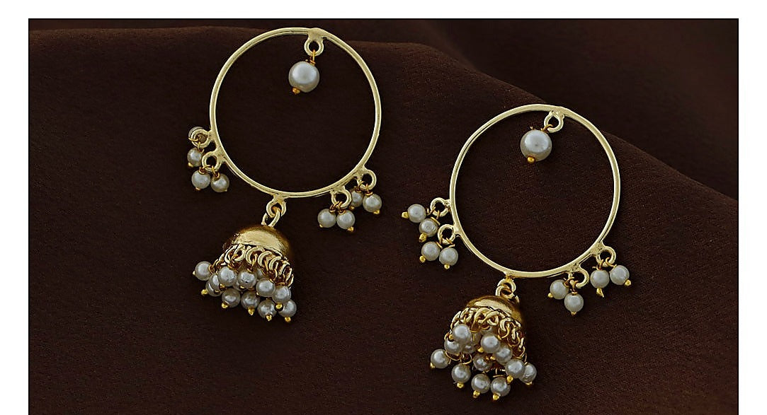 Pair of gold polish circle jhumka earrings with pearl bead drops