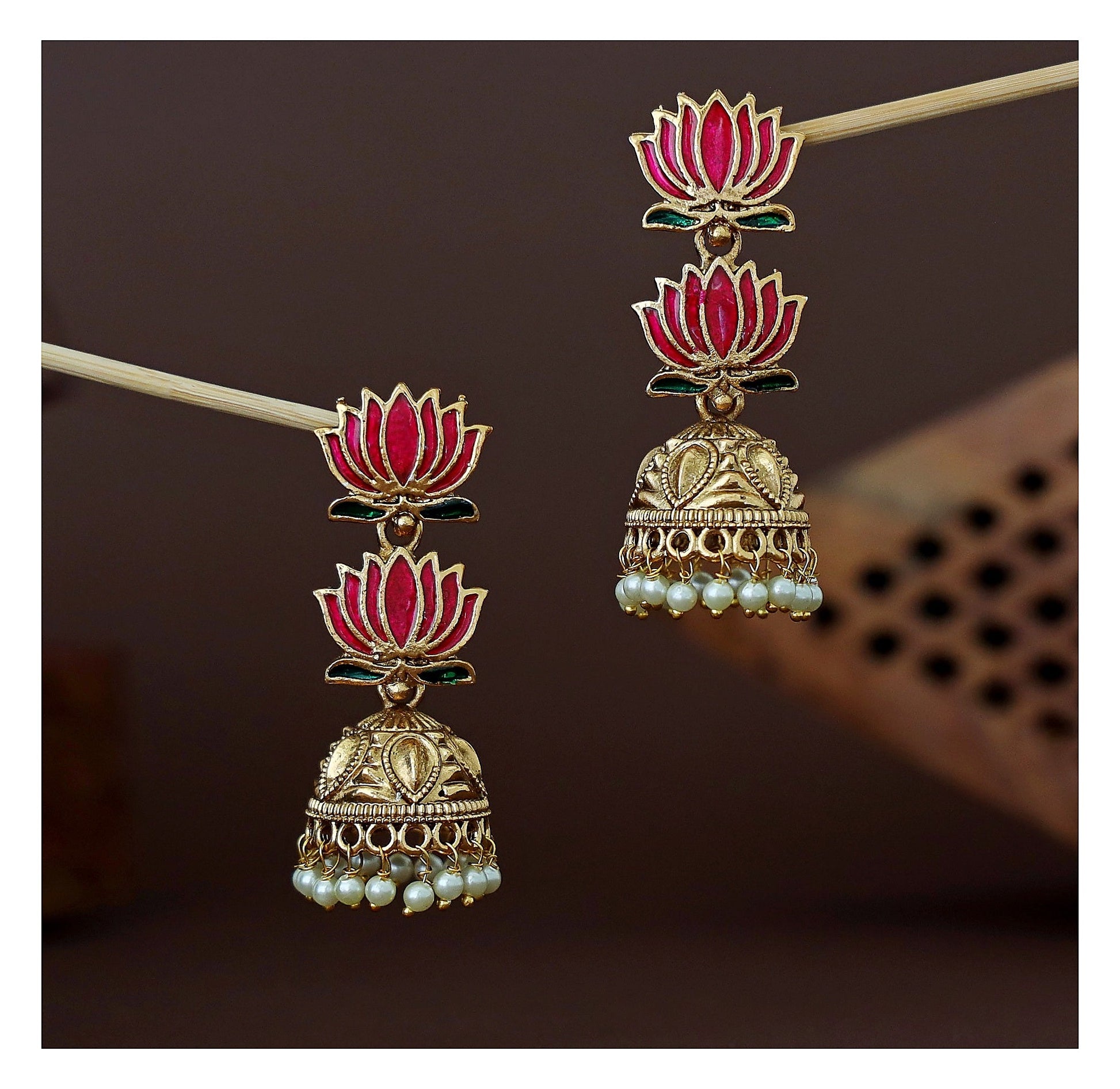 Jhumka Earrings - Gold Tone with Dual Lotus Enamel & Pearl Drops front view