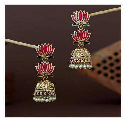 Jhumka Earrings - Gold Tone with Dual Lotus Enamel & Pearl Drops front view