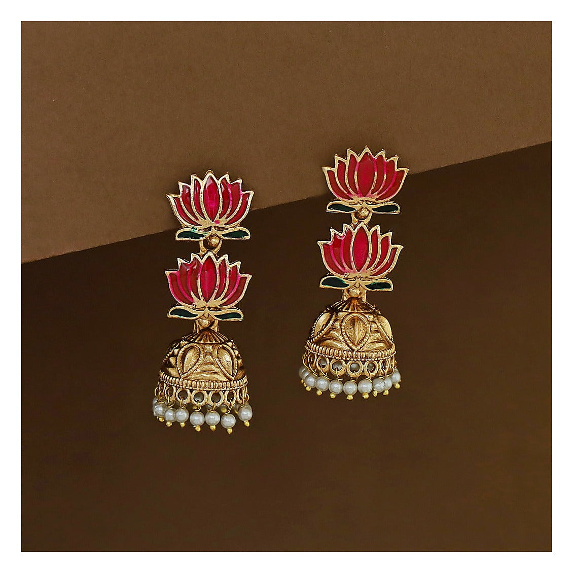 Jhumka Earrings - Gold Tone with Dual Lotus Enamel & Pearl Drops