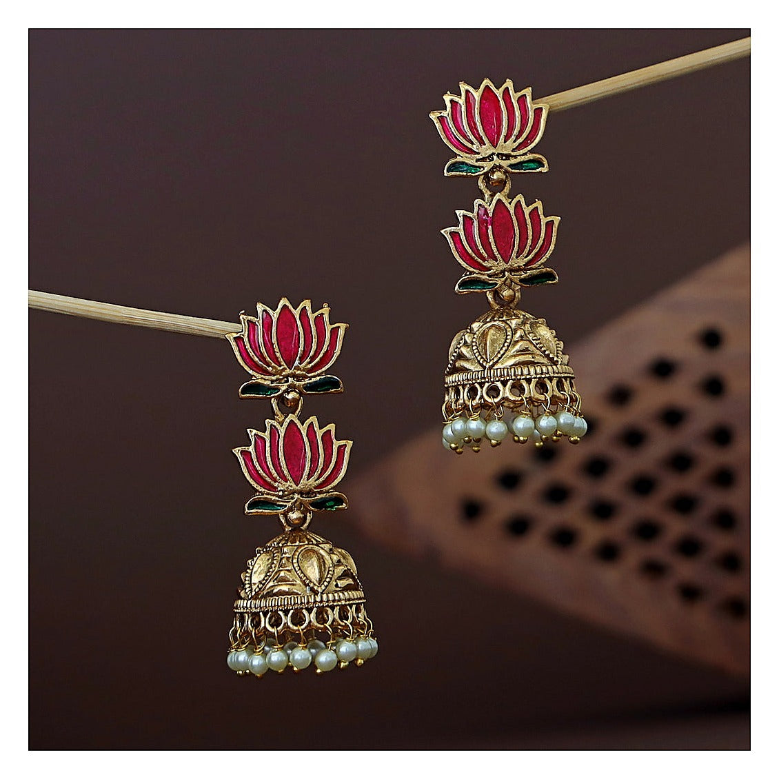 Jhumka Earrings - Gold Tone with Dual Lotus Enamel & Pearl Drops
