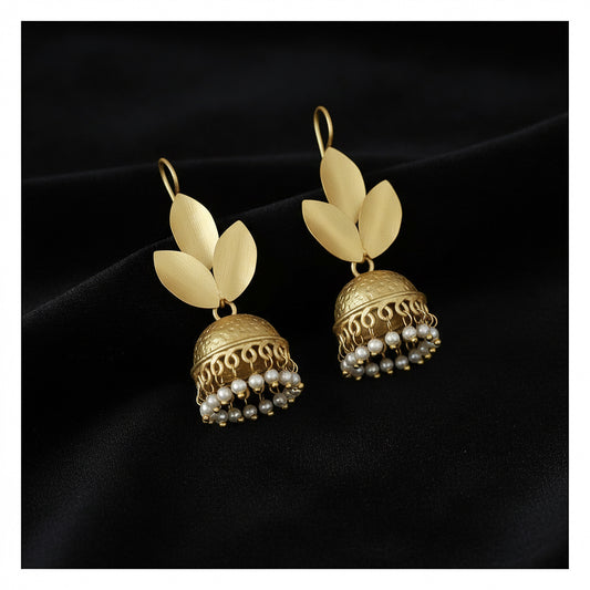 Jhumka Earrings - Matte Gold Tone 3 Leaf Design with Pearl Detail front view