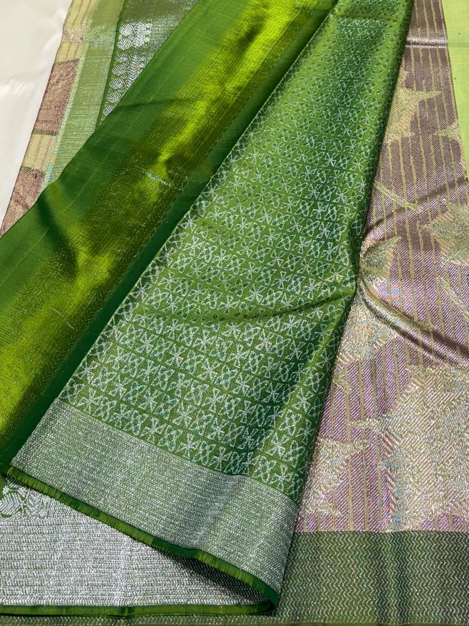 Handwoven pure silk saree golden beige body with pink floral motifs – close-up