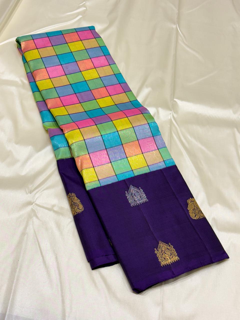 Elegant purple border Kanchipuram silk saree with multicolor body and zari pallu