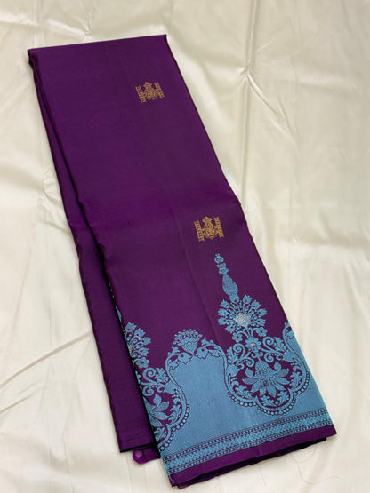 Purple Kanchipuram Pure Silk Saree with Aqua Zari Border & Gold Buttas – Handwoven & Silk Mark Certified